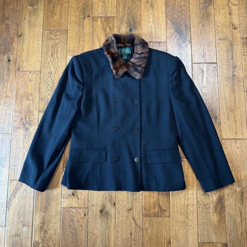 90s Ralph Lauren 100% Lambs Wool Jacket Suit Womens Sz 16 Faux Fur Collar Black - Picture 2 of 12